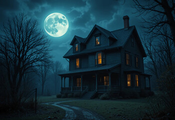 Haunted House with Full Moon in the Background. Haunted House Scene. Halloween background. 3d rendering.
