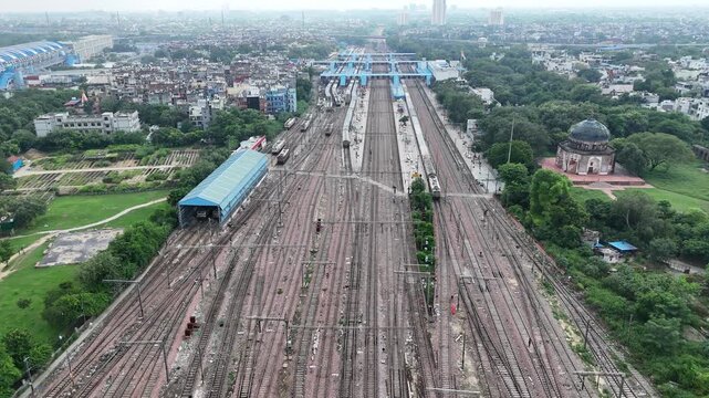 Aerial shot of Railway tracks at Hazrat Nizamuddin Railway Station in New Delhi