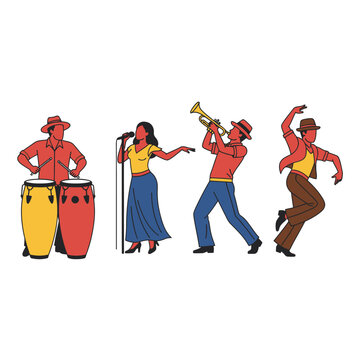 A vibrant illustration showcasing a Latin American musical ensemble: a percussionist, singer, trumpeter, and dancer.