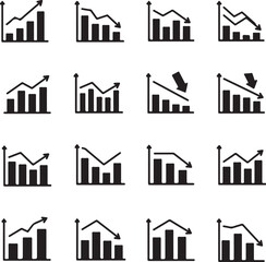 Sixteen black and white icons showing various bar and line graphs with upward and downward trends Keywords