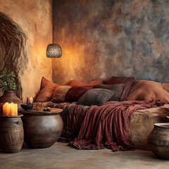 Serene Retreat: Cozy interior featuring rustic furnishings, soft pillows, warm lighting and a relaxed atmosphere.