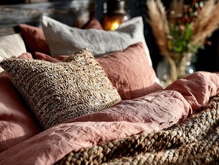 Cozy Comfort: An inviting arrangement of soft pillows and textured blankets invites relaxation, evoking a sense of warmth and tranquility.