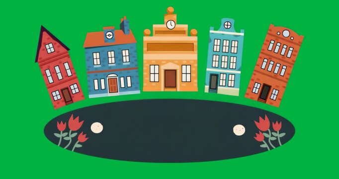 Cartoon building row starting gentle swaying on transparent backdrop highlighting town display