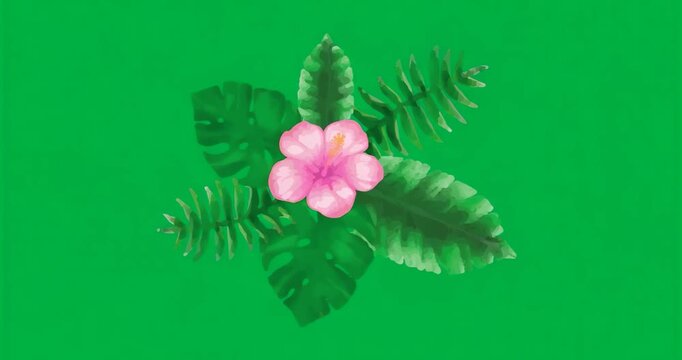 On load floating tropical leaves and hibiscus rotating clockwise on clear water for calming motion