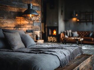 Rustic Bedroom Ambiance: A warm and inviting bedroom scene, showcasing a bed with luxurious bedding, complemented by a rustic wooden accent wall and a cozy fireplace in the background.