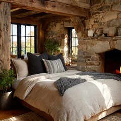 Cozy Rustic Bedroom with Fireplace: A beautifully crafted, intimate bedroom space, exuding warmth and serenity, with a stone fireplace and natural wooden elements.