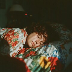 Serene Slumber: A peaceful image captures a person in deep sleep, illuminated by soft light and a floral patterned quilt. This photorealistic scene evokes calmness and tranquility. 