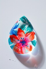 Vibrant floral teardrop design on white background.