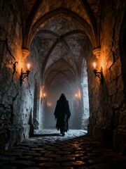 Mysterious hooded figure walking down a dark, candlelit gothic corridor