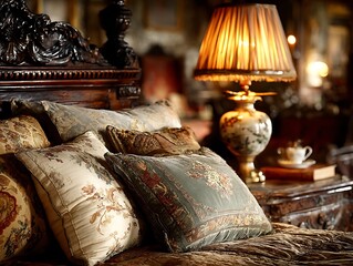Cozy Bedroom Ambiance: An inviting bedroom showcases a luxurious bed with intricately carved headboard, adorned with plush pillows and illuminated by a warm, antique lamp.