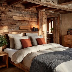 Rustic Bedroom Ambiance: The bedroom showcases a warm, inviting space with wooden elements, creating a cozy retreat. Featuring natural light and textures