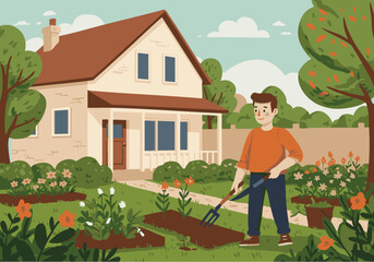 Illustration of a man gardening in his front yard with a house, flowers, trees, and a pathway visible.