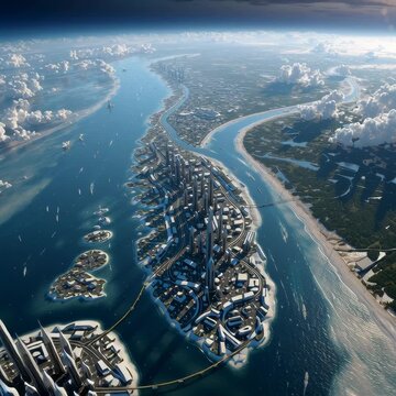 Photograph hyper real aerial view of cityscape, peninsula with several off shore islands, futuristic modern dense city, space port, at the mouth of a river delta