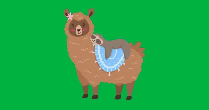 On load flat-design brown llama carrying sloth on rug against transparent backdrop for decoration