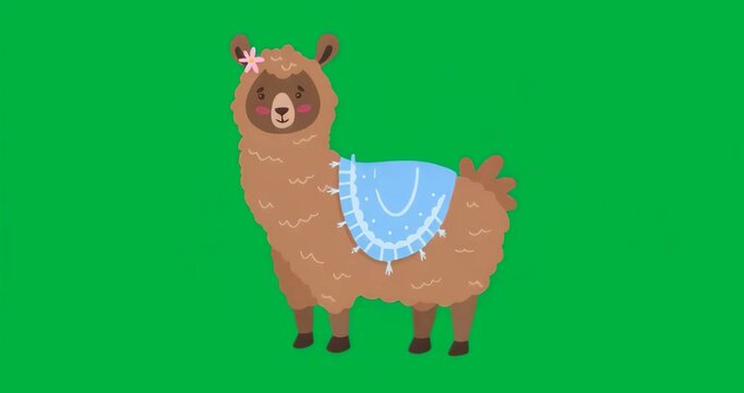 Upon noise flickering, cartoon alpaca glowing and showcasing tasseled blanket on transparent canvas