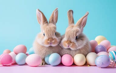 Adorable bunnies among pastel Easter eggs.