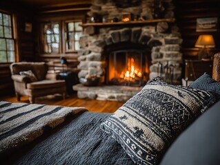 Cozy Cabin Comfort: A warm, inviting scene showcases a rustic stone fireplace in a snug log cabin, accompanied by comfy furnishings, creating a serene ambiance.