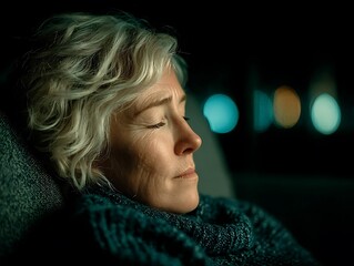 Solitude Contemplation: An elderly woman with closed eyes in pensive repose, finding tranquility in her own mind.  