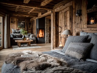 Cozy Cabin Interior: A warm, inviting space with a fireplace, wooden beams, and a luxurious bed, embodying rustic elegance and relaxation.