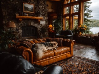 Cozy Cabin Comfort: A relaxed dog rests comfortably on a luxurious leather couch inside a rustic cabin, beside a stone fireplace. The scene is illuminated by warm light through large windows.