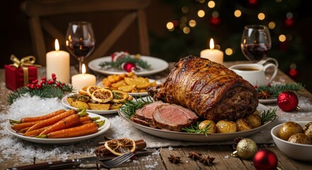 Festive Christmas Dinner Table with Roasted Meat and Decorations.