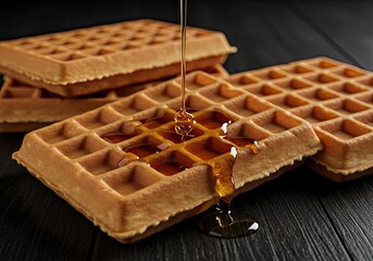Freshly Made Waffles with Syrup on White Background 