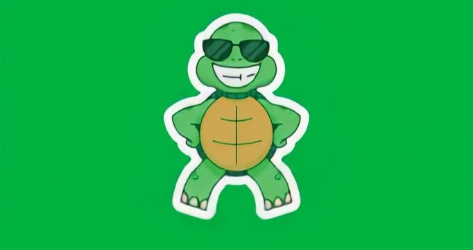 On play turtle wearing sunglasses and glowing aura on transparent background with glitch looping