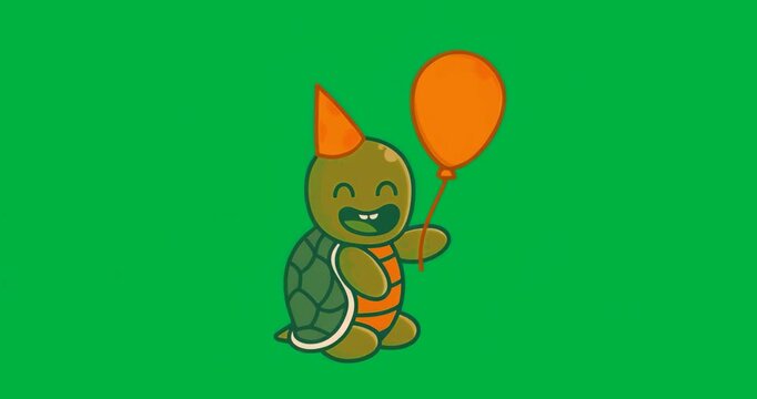 Frame changing speckled transparent backdrop densifying, glowing turtle holding balloon celebrating