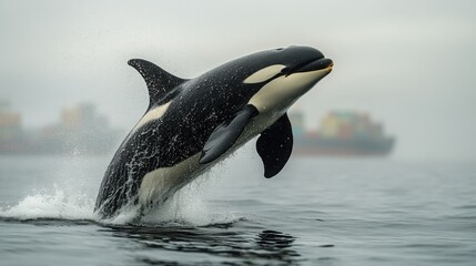 Fototapeta premium Orca breaches stunningly from the water near busy shipping containers in a bustling ocean harbor at dawn