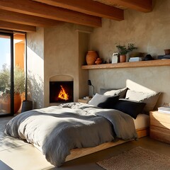 Cozy Bedroom Interior:  A bedroom that is bathed in the warmth of the setting sun, with a large bed as the central focus, along with earthy textures and an inviting fireplace.