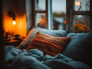 Cozy Bedroom Ambience: A serene scene of a comfortable bed with plush pillows, bathed in the warm glow of a vintage lightbulb and framed by a window, creating a soothing ambiance.