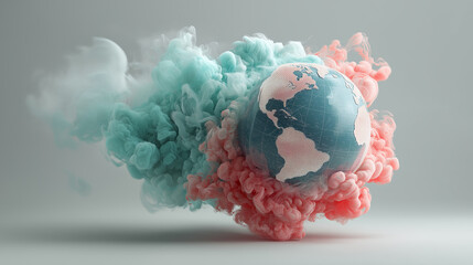 Globe enveloped by teal and pink ethereal smoke clouds, perfect for travel, environmental, and unconventional concept designs.
