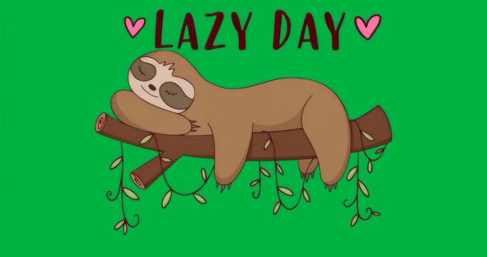 Sloth resting on branch under red LAZY DAY with two pink hearts on transparent background