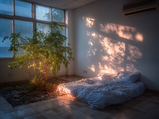 Serene Bedroom Oasis with Sunlit Foliage: An inviting bedroom interior features a small tree bathed in golden light next to a gently rumpled bed, creating a scene of tranquility and warmth.
