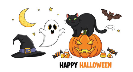 Whimsical Halloween scene with a black cat, pumpkin, ghost, witch hat, and candy