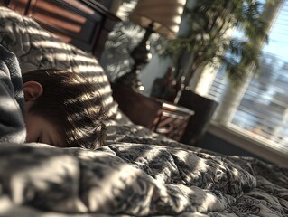 Serene Slumber: A person peacefully asleep in bed, illuminated by dappled sunlight, creating a tranquil scene of rest and rejuvenation.