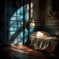 Sunlit Room: A tranquil scene unfolds within a classic, opulent room bathed in soft sunlight, revealing the textures of the ornate interior and an unmade bed.