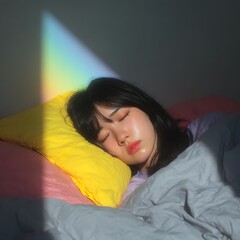 Dreaming in the Sunlight: A serene young woman slumbering peacefully in her bed, bathed in the gentle hues of rainbow light. A moment of quiet reverie and sweet rest, captured in the gentle light.