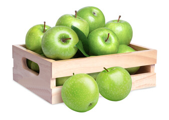 crisp green granny smith apples in a rustic wooden crate