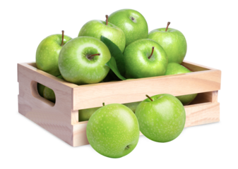 crisp green granny smith apples in a rustic wooden crate