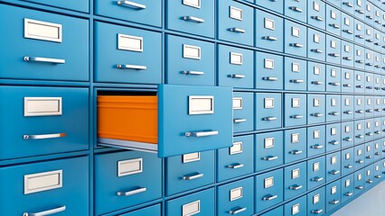 Orange drawer open among blue filing cabinets in office storage concept illustration
