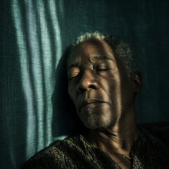 Contemplation and Serenity: A man with closed eyes is resting. The portrait encapsulates peacefulness and introspection, while casting shadows and lighting adds dimension and emotional depth.