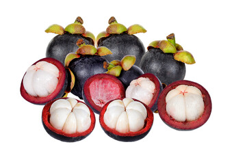 platter of fresh mangosteen fruit, revealing white and red segments