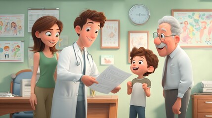 Animated doctor handing medical report to happy child and family in cheerful cartoon style pediatric clinic, symbolizing good health and positive diagnosis