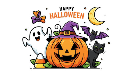 Playful Halloween scene with a grinning pumpkin, friendly ghost, black cat, and spooky bat under a crescent moon.