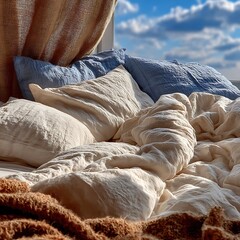 Morning Bedding: A sunlit bedroom showcases a casually styled bed, its soft linens and pillows inviting the comfort of a relaxing day in a cozy and tranquil atmosphere.