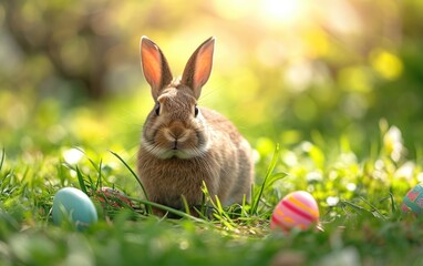 Adorable rabbit surrounded by colorful Easter eggs.