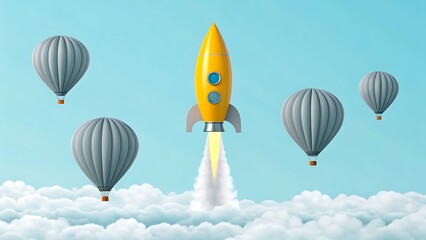 Obraz premium Yellow rocket flying above clouds with hot air balloons in blue sky illustration 