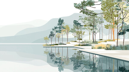 호수변에 위치한 전원주택의 수변공원, 일러스트레이션 스타일-A waterfront park with a country house located on the lakeside, illustration style