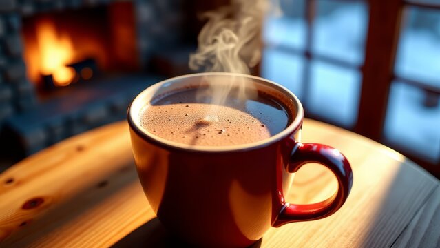 Hot cocoa by fireplace on wood table